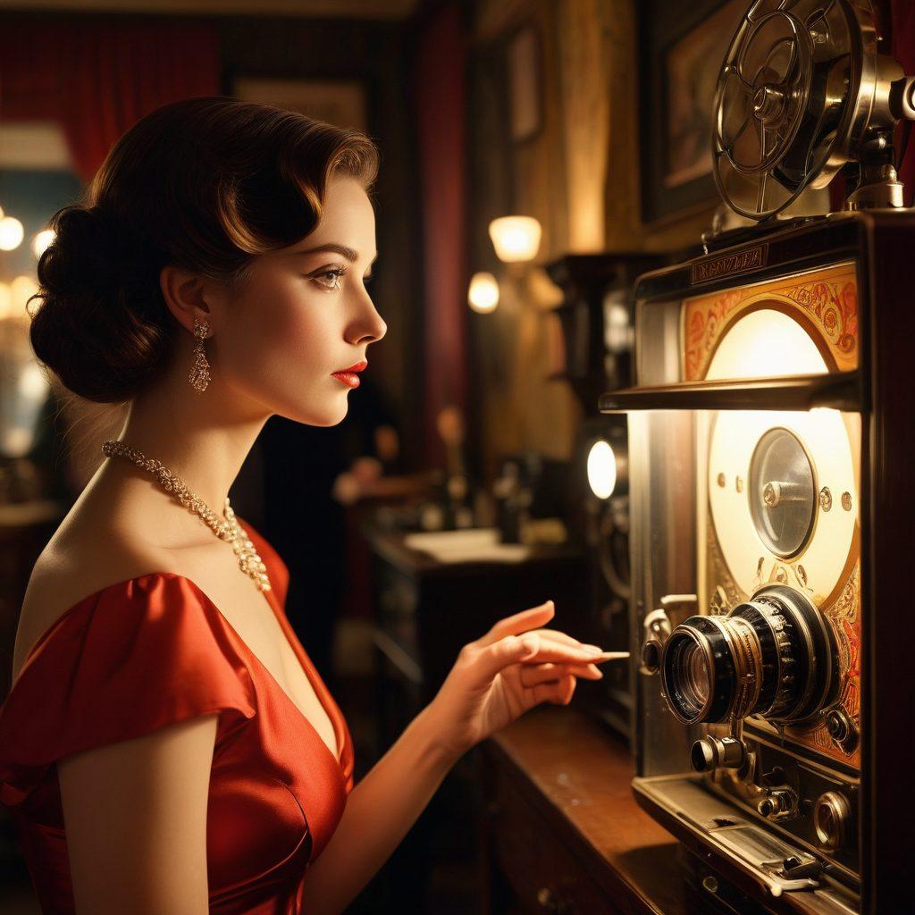 A mysterious and alluring film set, showcasing a half-lit scene filled with dramatic shadows and soft lighting, featuring a charismatic director and an intriguing actress in elegant costumes, surrounded by vintage cameras and film reels. The atmosphere exudes tension and allure, hinting at the complexity behind the façade of adult films. super-realistic. moody lighting. vibrant colors.
